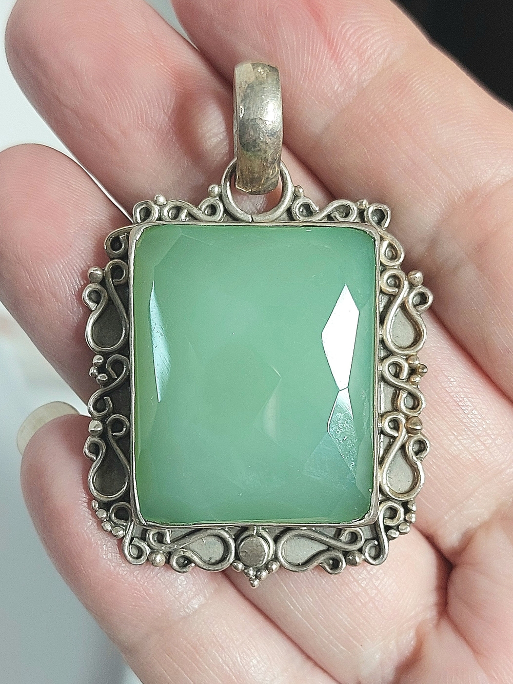 925 Sterling Silver Natural Green Chrysoprase Rectangular Bezel Signed Pendant